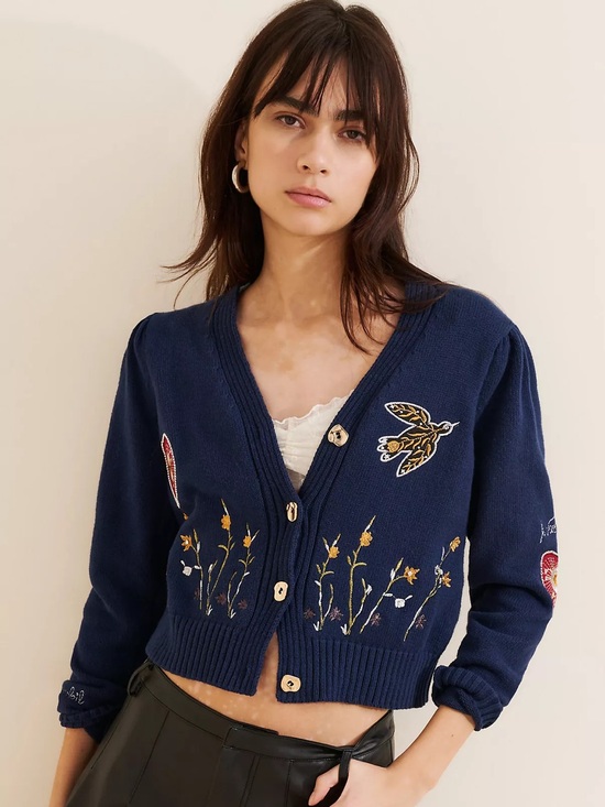 Anthropologie Sweaters - ANTHROPOLOGIE M S Maeve Embellished V-Neck Cropped Cardigan Sweater • Navy Blue